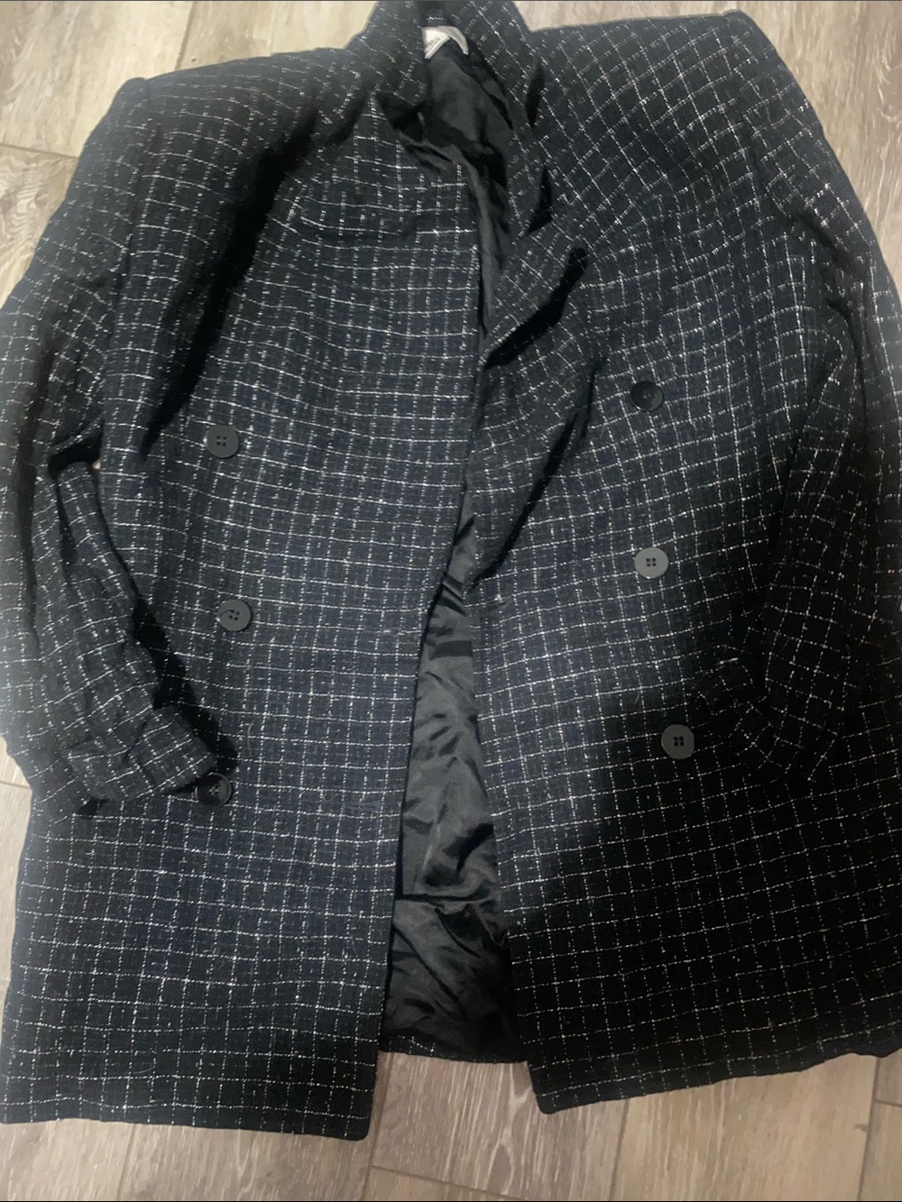 Jones New York Black Windowpane Double-Breasted Coat Jacket